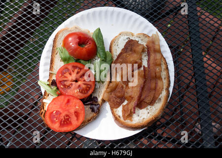 Bacon, lettuce and tomato BLT sandwich open faced, served outside on a open lattice table. Clitherall Minnesota MN USA Stock Photo