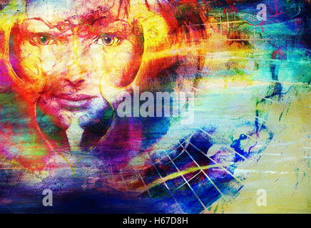 beautiful face of mystical being with music notes, symbol of the muse of music. Stock Photo