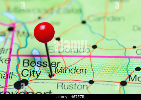 Minden pinned on a map of Louisiana, USA Stock Photo