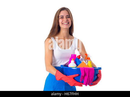 Woman holding cleaning things in washbowl Stock Photo