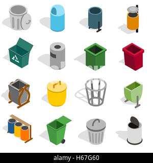 Trash bin icons set, isometric 3d style Stock Vector