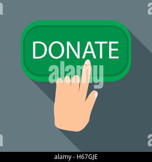 Hand presses button to donate icon, flat style Stock Vector