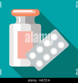 Pills in blister pack and bottle icon, flat style Stock Vector