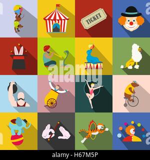 A set of flat vector silhouettes of circus artists. Clowns, acrobats ...
