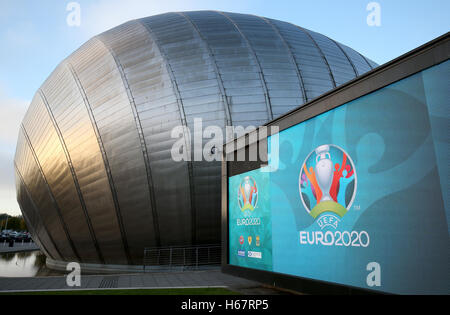 UEFA Euro 2020 Logo displayed outside the Glasgow Science Centre ahead of the event for the launch of the UEFA Euro 2020 Logo in Glasgow. Stock Photo