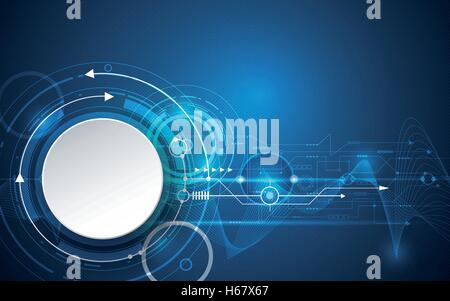 Vector illustration 3d white paper circle with wave lines and circuit board, Hi-tech digital technology, engineering, digital te Stock Vector
