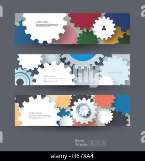 Vector abstract gear wheel, banners set. High tech technology and engineering background, machine technology futuristic concept. Stock Vector