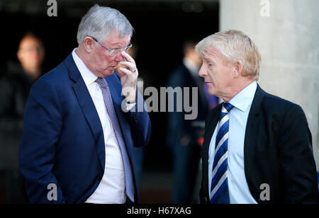 Sir Alex Ferguson and (right) Scotland manager Gordon Strachan during an event for the launch of the UEFA Euro 2020 Logo at the Glasgow Science Centre. Stock Photo