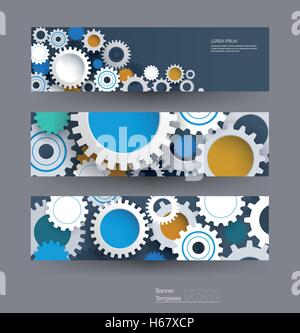 Vector abstract gear wheel, banners set. High tech technology and engineering background, machine technology futuristic concept. Stock Vector