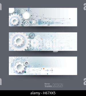 Vector abstract gear wheel and circuit board, banners set. High tech technology and engineering background Stock Vector