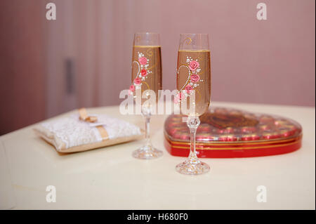 two glasses of champagne on the table for the wedding ceremony Stock Photo