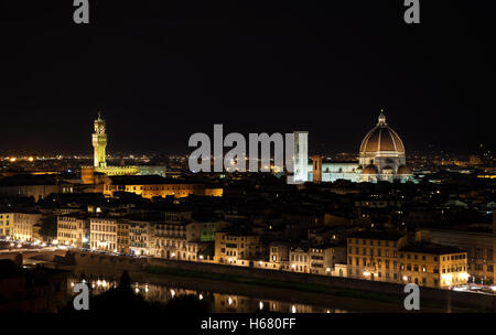 Florence night aerial cityscape. Panorama view from Michelangelo park square. From left Palazzo Vecchio and Duomo Cathedral. Ita Stock Photo
