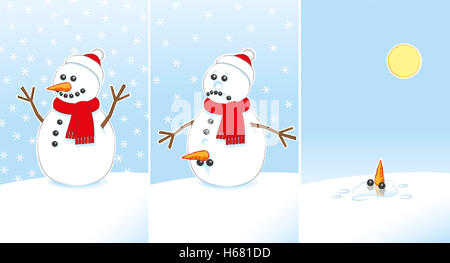 Happy then Sad Rude Joke Snowman with Carrot and Coal Genitals wearing Red Scarf and Santa Hat finally Melting in Sun 3 Frames Stock Photo