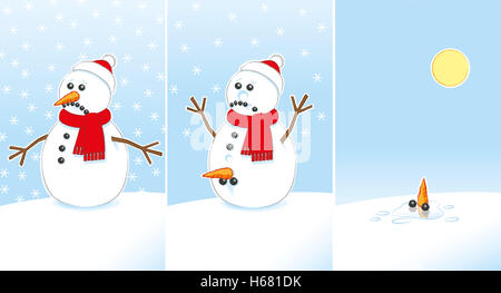 Sad Rude Joke Snowman with Carrot and Coal Genitals wearing Red Scarf and Santa Hat finally Melting in the Sun over 3 frames Stock Photo