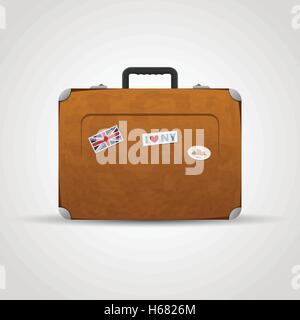 Vector illustration of vintage trevel suitcase with stickers, isolated on tge white. Stock Vector