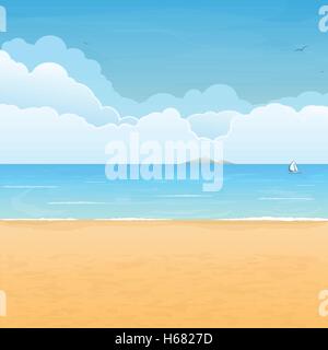 Tropical sand beach, boat in sea, mountain island on horizon and clouds on background Stock Vector