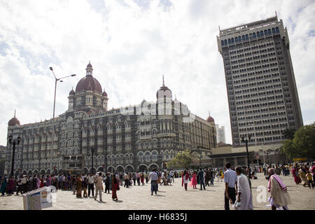 Mumbai's most famous hotel Taj Mahal old and new  ,this is the starting point for most tourists at Apollo Bunder Stock Photo