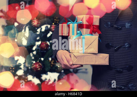 gift stack hand christmas Stock Photo