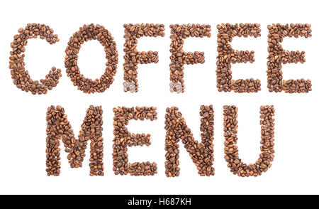 The word coffee menu made of beans. Stock Photo