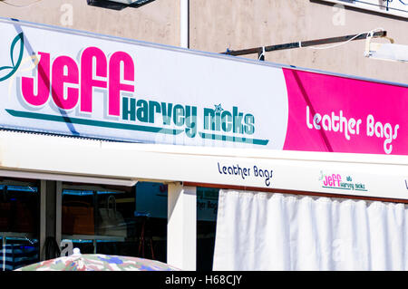 Ripoff shop calling itself 'Jeff Harvey Nicks' selling counterfeit leather bags in Oludeniz, Turkey Stock Photo