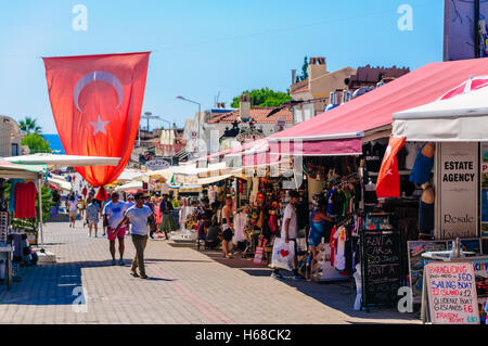 Turkish flag flying above the street in Oludeniz, Turkey Stock Photo