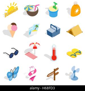 Summer icons set, isometric 3d style Stock Vector