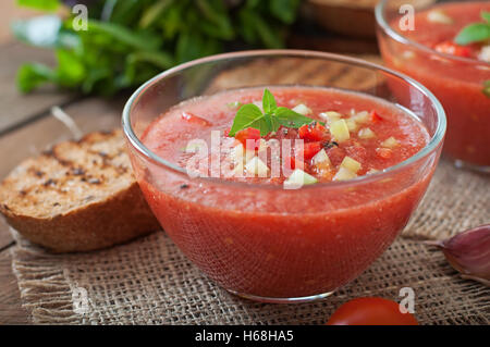 Tomato gazpacho soup with pepper and garlic Stock Photo