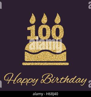 The birthday cake with candles in the form of number 100 icon. Birthday symbol. Gold sparkles and glitter Stock Vector