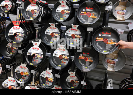 Tefal frying pans in a Carrefour Hypermarket. Stock Photo