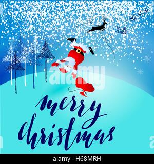 Santa Claus fall from sleigh with harness on the reindeer. Vector illustration. Chtistmas lettering. EPS10 Stock Vector