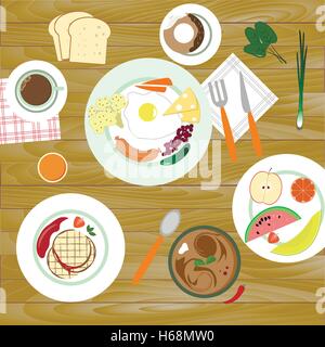 food in flat illustration style. Different dishes. Top view. Stock Vector