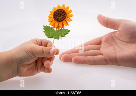 Baby giving a fake flower on  a white background Stock Photo