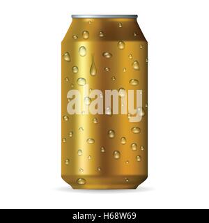 Realistic gold aluminum can with drops Stock Vector