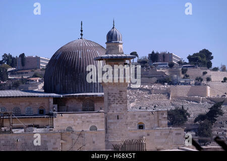 View of al-Fakhariyya Minaret and Al-Aqsa Mosque located on the Temple Mount known to Muslims as the Haram esh-Sharif in the Old City East Jerusalem Israel Stock Photo