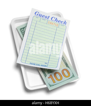 Receipt Tray with Money and Blank Guest Check Isolated on White Background. Stock Photo