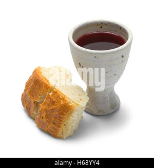 Broken Bread with Wine Goblet Isolated on White Background. Stock Photo