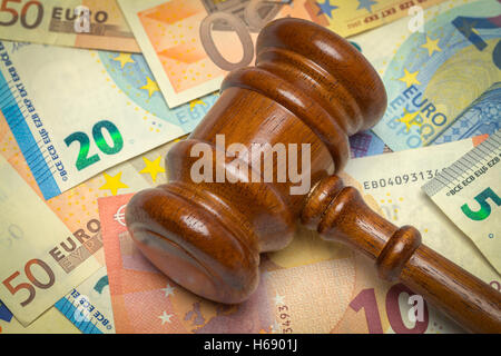 Pile of Euros and Wooden Law Gavel. Stock Photo