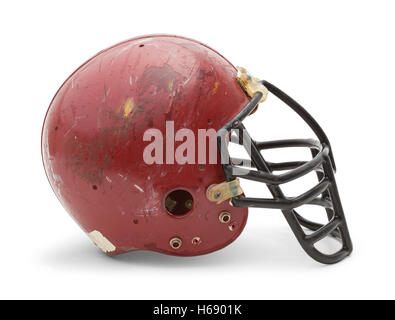 Old Football Helmet Scratched Up Isolated on White Background. Stock Photo