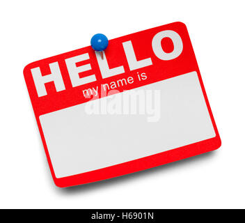 Red Hello Tag with Blue Tac Isolated on White Background. Stock Photo