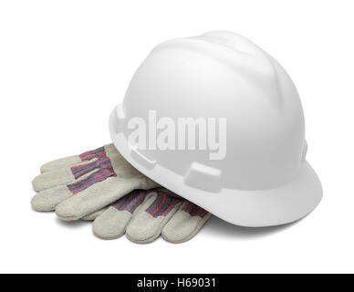 White Hard Hat and Gloves Isolated on White Background. Stock Photo