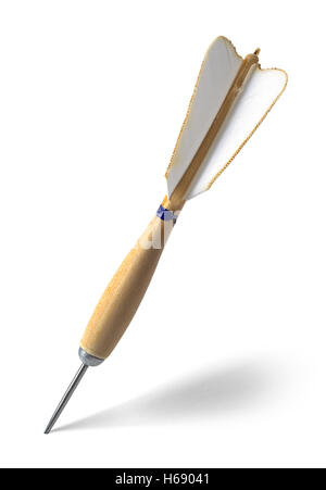 Wood and Feather Dart Stuck Isolated on White Background. Stock Photo
