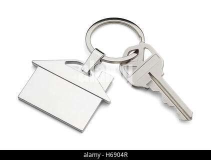 House Key and Key Chain Isolated on White Background. Stock Photo