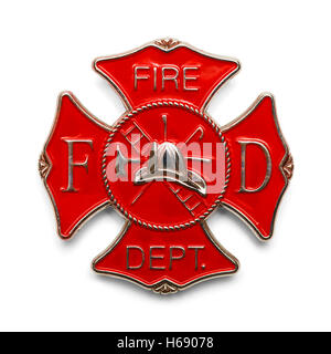 Red Fire Department Badge Isolated on White Background. Stock Photo