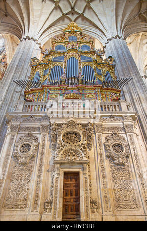 SALAMANCA, SPAIN, APRIL - 16, 2016: The Organ and gothic vault of Cathedral. Stock Photo