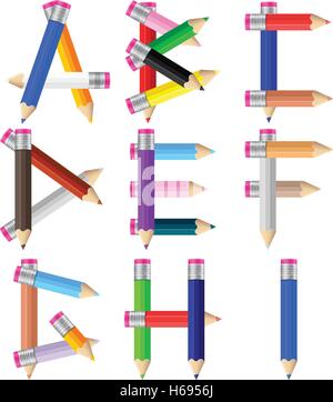 Alphabet formed by pencils from A to I on a white background. Vector illustration. Stock Vector