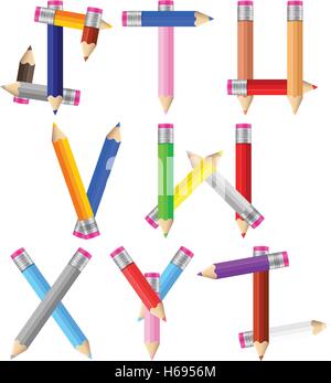 Alphabet formed by pencils from S to Z on a white background. Vector illustration. Stock Vector