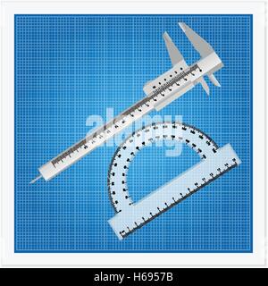 Blueprint and ruler instruments on a white background. Stock Vector
