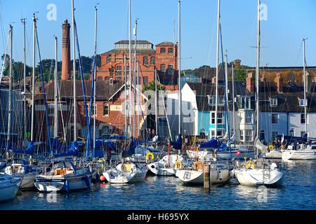 Yachts in the harbour with Brewers Quay buildings to the rear, Weymouth, Dorset, England, UK, Western Europe. Stock Photo