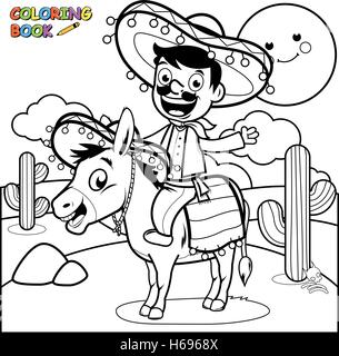 Cartoon Mexican man with a sombrero hat and traditional costume riding a donkey in the Mexico desert in the sunset. Black and white coloring page. Stock Vector