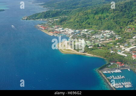 Aerial view of coastal town of Uturoa in Raiatea island, south Pacific ocean, Society islands, French Polynesia Stock Photo